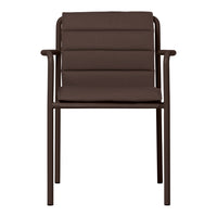 Brown padded dining chair with horizontal stitched pattern and sleek metal frame. Ideal for modern spaces.