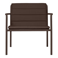 Brown upholstered chair with a sleek, modern design and horizontal stitching patterns on the seat and backrest.