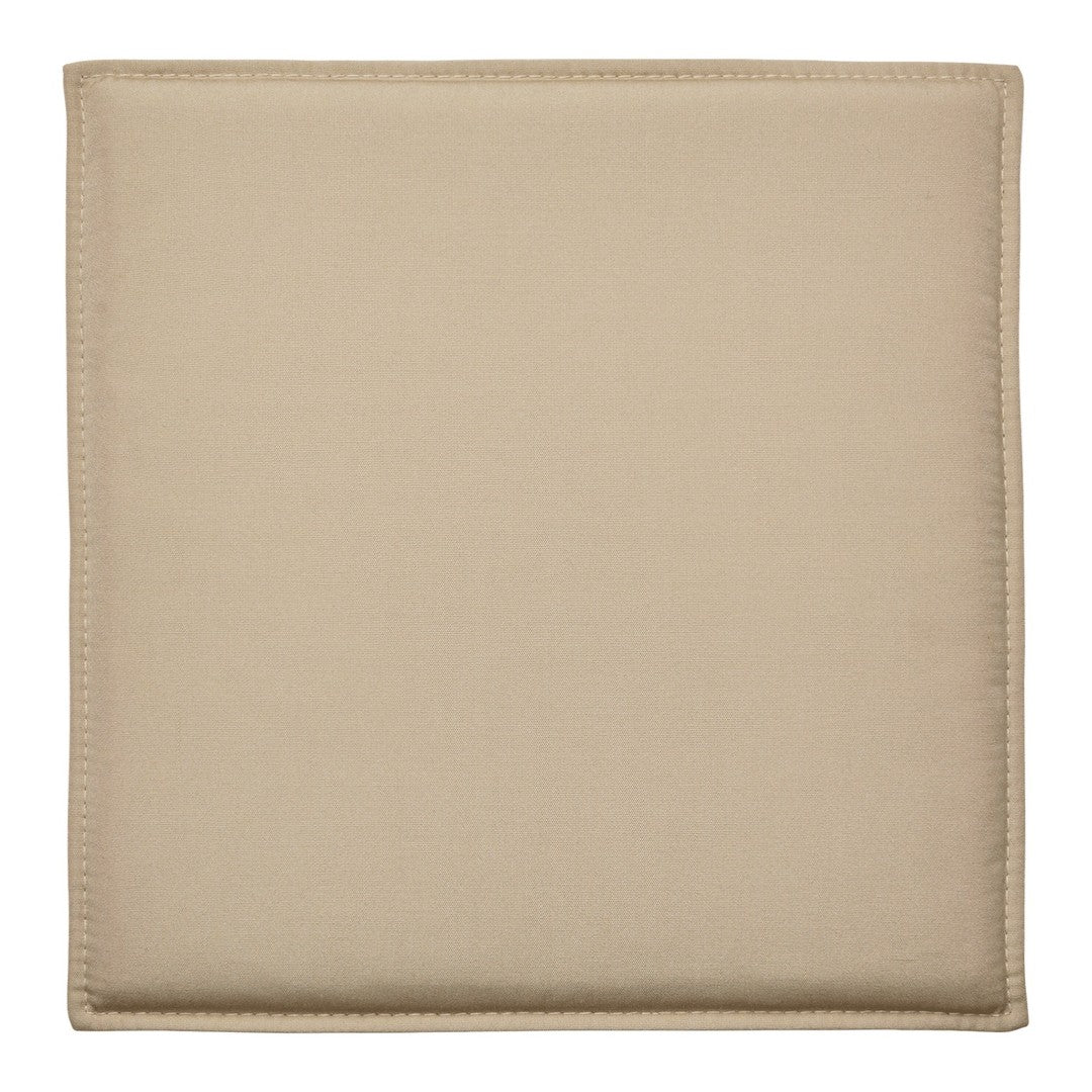 Beige square cushion with a smooth texture and subtle, solid pattern. Ideal for home decor.