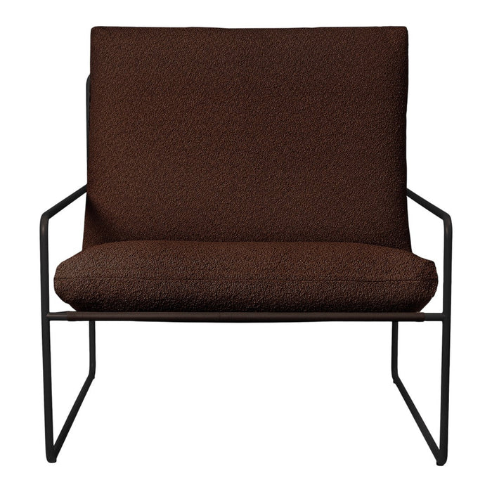 Brown textured upholstery on a stylish black metal frame chair. Perfect for modern living spaces.