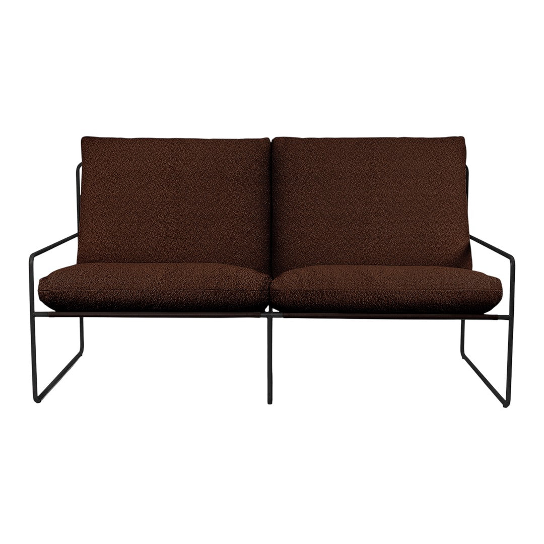 Brown upholstered loveseat with a minimalist black metal frame, featuring a textured fabric pattern. Perfect for modern decor.
