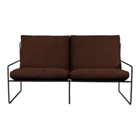 Brown upholstered loveseat with a minimalist black metal frame, featuring a textured fabric pattern. Perfect for modern decor.