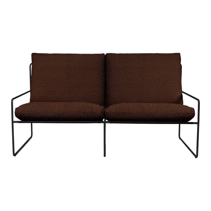 Brown upholstered loveseat with a minimalist black metal frame, featuring a textured fabric pattern. Perfect for modern decor.