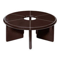 Brown circular coffee table with a glossy finish and subtle white line patterns. Ideal for modern interiors.