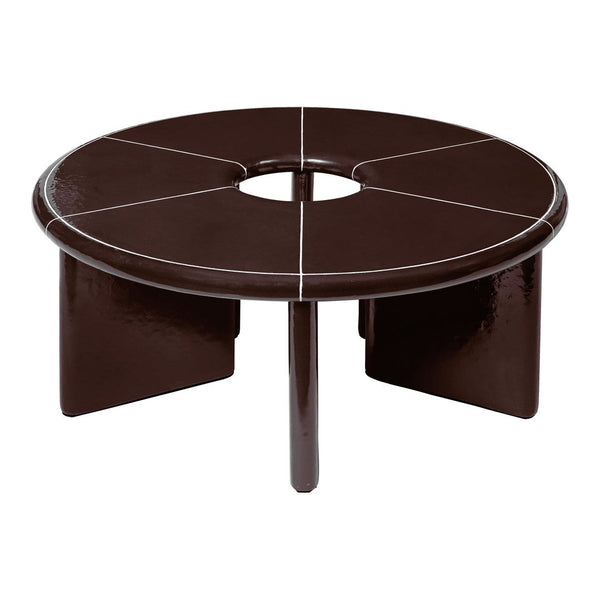 Brown circular coffee table with a glossy finish and subtle white line patterns. Ideal for modern interiors.
