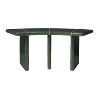 Green geometric console table with sleek lines and a glossy finish, perfect for modern decor.
