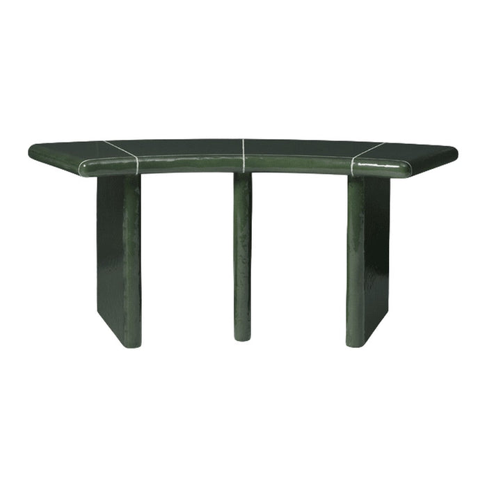 Green geometric console table with sleek lines and a glossy finish, perfect for modern decor.