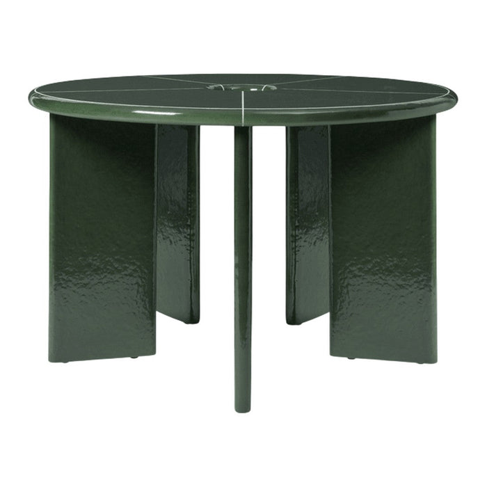Round green dining table with a glossy finish and sleek geometric design. Perfect for modern interiors.