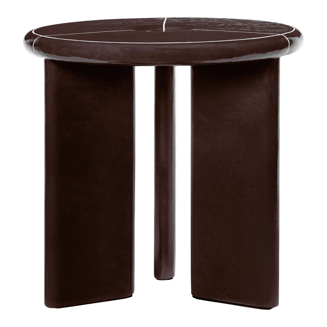 Round chocolate brown table with a smooth surface and sleek, minimalistic design. Features contrasting white lines.