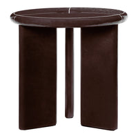 Round chocolate brown table with a smooth surface and sleek, minimalistic design. Features contrasting white lines.