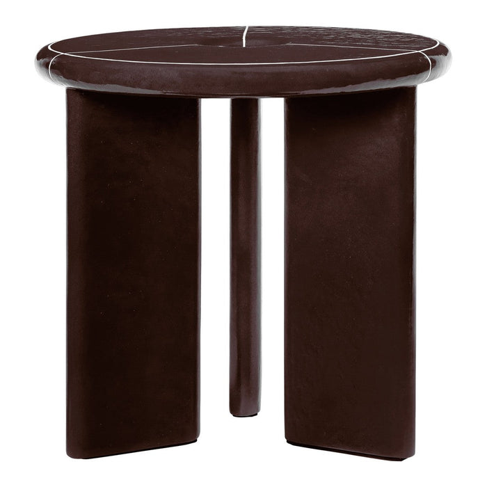 Round chocolate brown table with a smooth surface and sleek, minimalistic design. Features contrasting white lines.