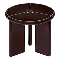 Round dark brown side table with a glossy finish and white geometric pattern on top. Modern minimalist design.