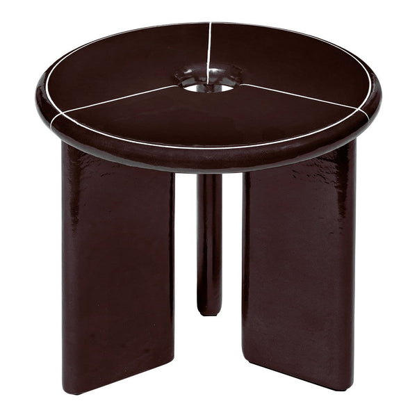 Round dark brown side table with a glossy finish and white geometric pattern on top. Modern minimalist design.