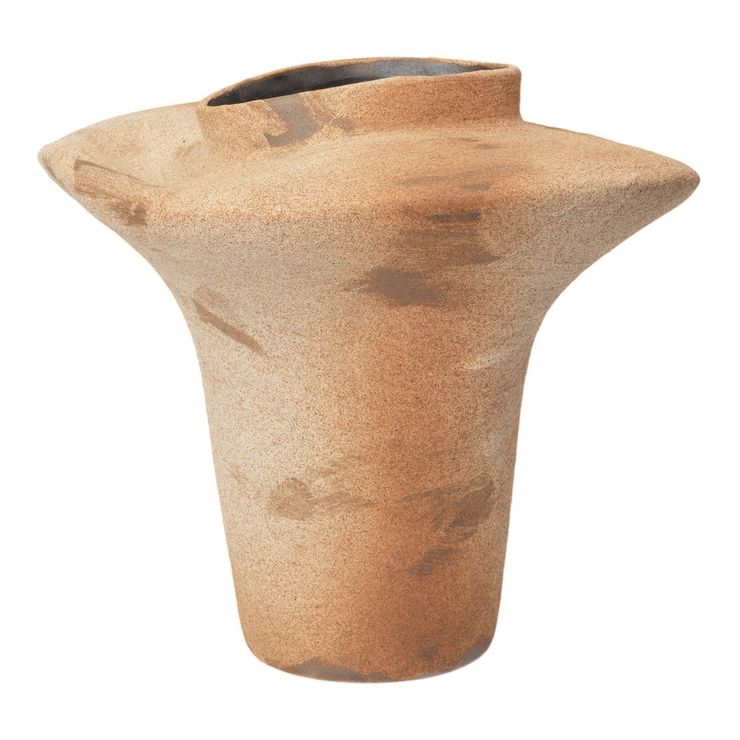 Sleek ceramic vase in warm beige with subtle brown speckles and a smooth, rounded shape.
