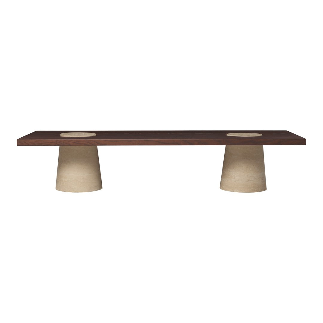 Dark brown tabletop with beige textured cylindrical legs, featuring a minimalist design and clean lines.