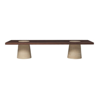 Dark brown tabletop with beige textured cylindrical legs, featuring a minimalist design and clean lines.
