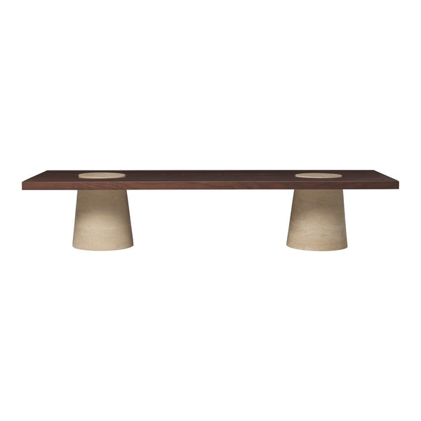 Dark brown tabletop with beige textured cylindrical legs, featuring a minimalist design and clean lines.