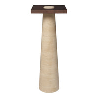 Tall beige pedestal table with a dark wooden top, featuring a smooth, minimalist design. Perfect for modern decor.
