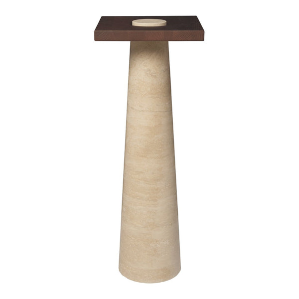 Tall beige pedestal table with a dark wooden top, featuring a smooth, minimalist design. Perfect for modern decor.