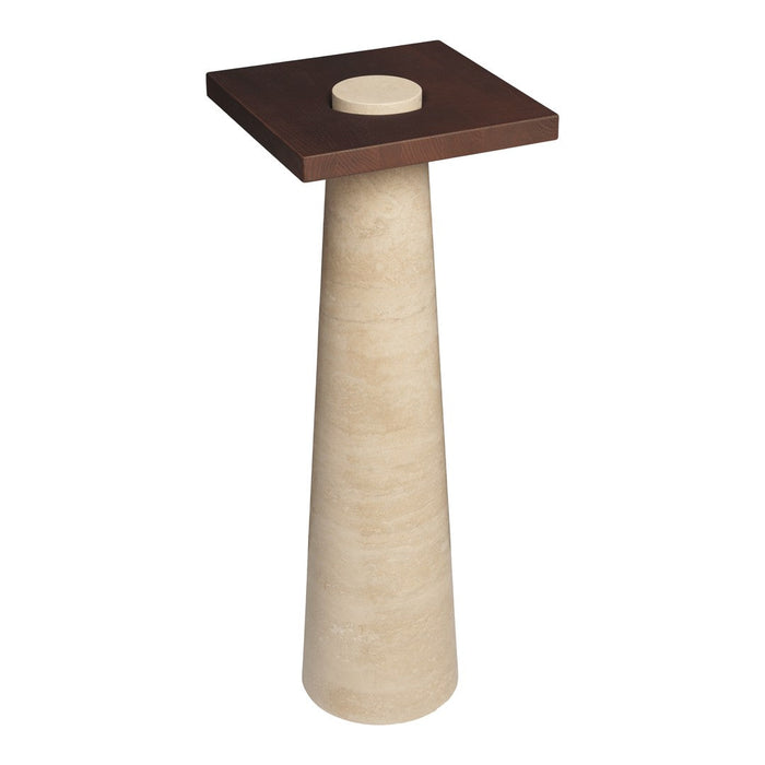 Modern wooden side table with a dark brown square top and a light beige textured base. Stylish and minimalist design.