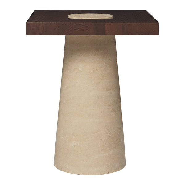Brown rectangular top with circular cutout on a beige conical base, smooth finish. Modern, minimalist design.