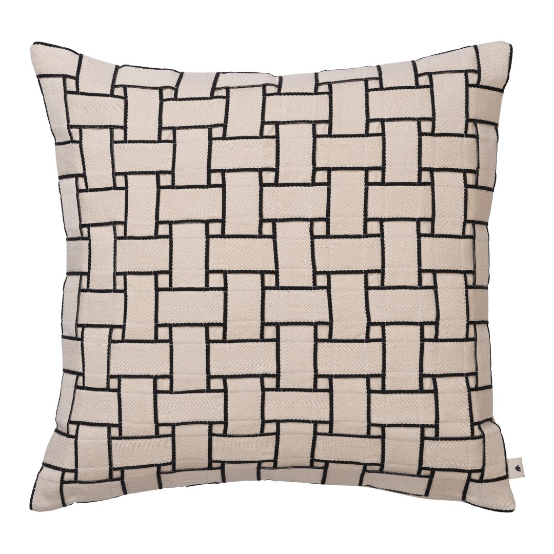 "Beige and black woven pattern decorative pillow with geometric design."