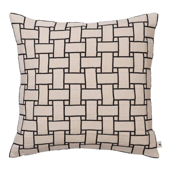 "Beige and black woven pattern decorative pillow with geometric design."