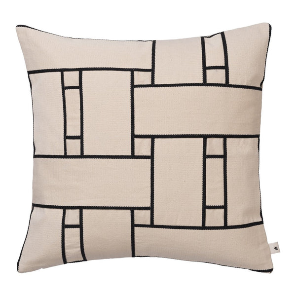 Beige pillow with a black geometric pattern featuring interwoven rectangles and lines. Perfect for modern decor.