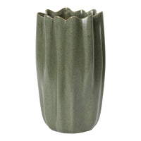Green ribbed ceramic vase with wavy edges, showcasing a subtle textured finish for a modern aesthetic.