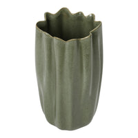Ceramic vase in muted green with a textured, wavy design and a ruffled lip, perfect for home décor.