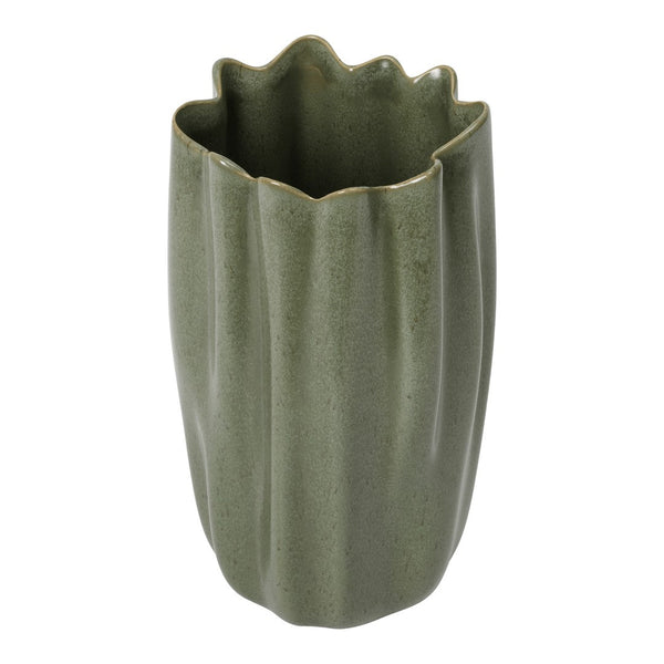 Ceramic vase in muted green with a textured, wavy design and a ruffled lip, perfect for home décor.