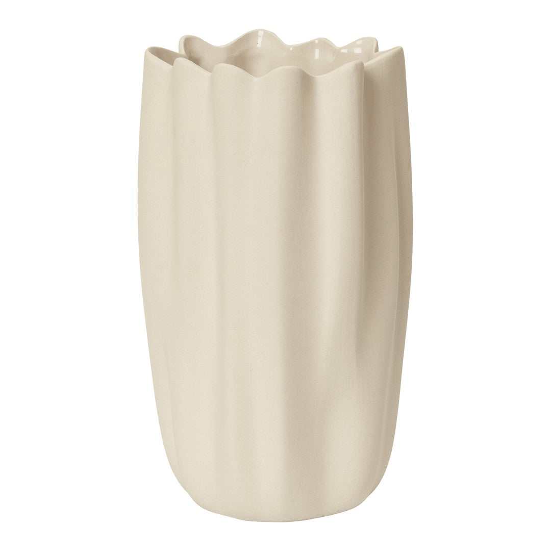 Cream-colored ceramic vase with a ribbed texture and scalloped edge design. Perfect for elegant decor.