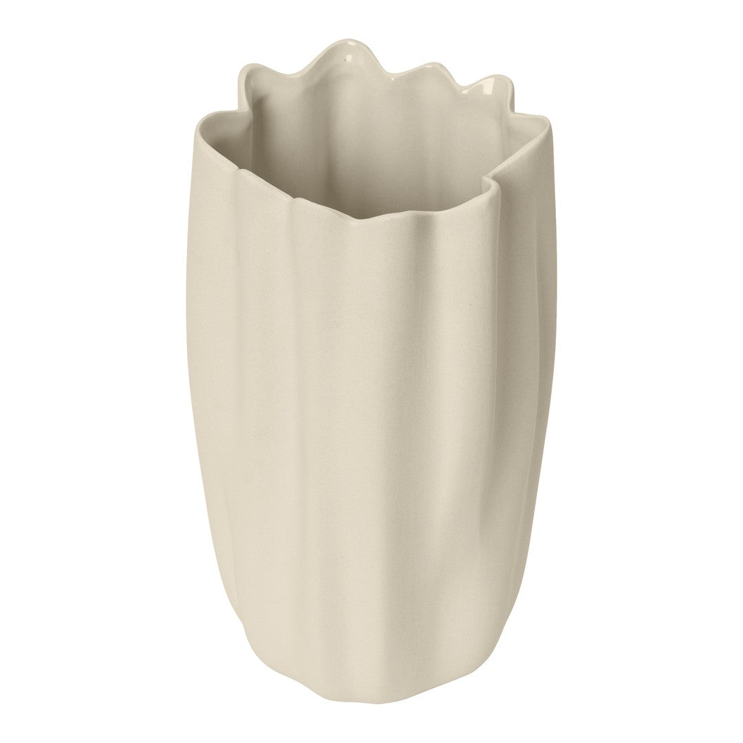 Cream-colored vase with a sculptural, wavy pattern and a ruffled top edge for a modern, textured look.