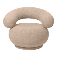 Beige boucle upholstered chair with rounded armrests and a soft, textured finish, perfect for modern decor.