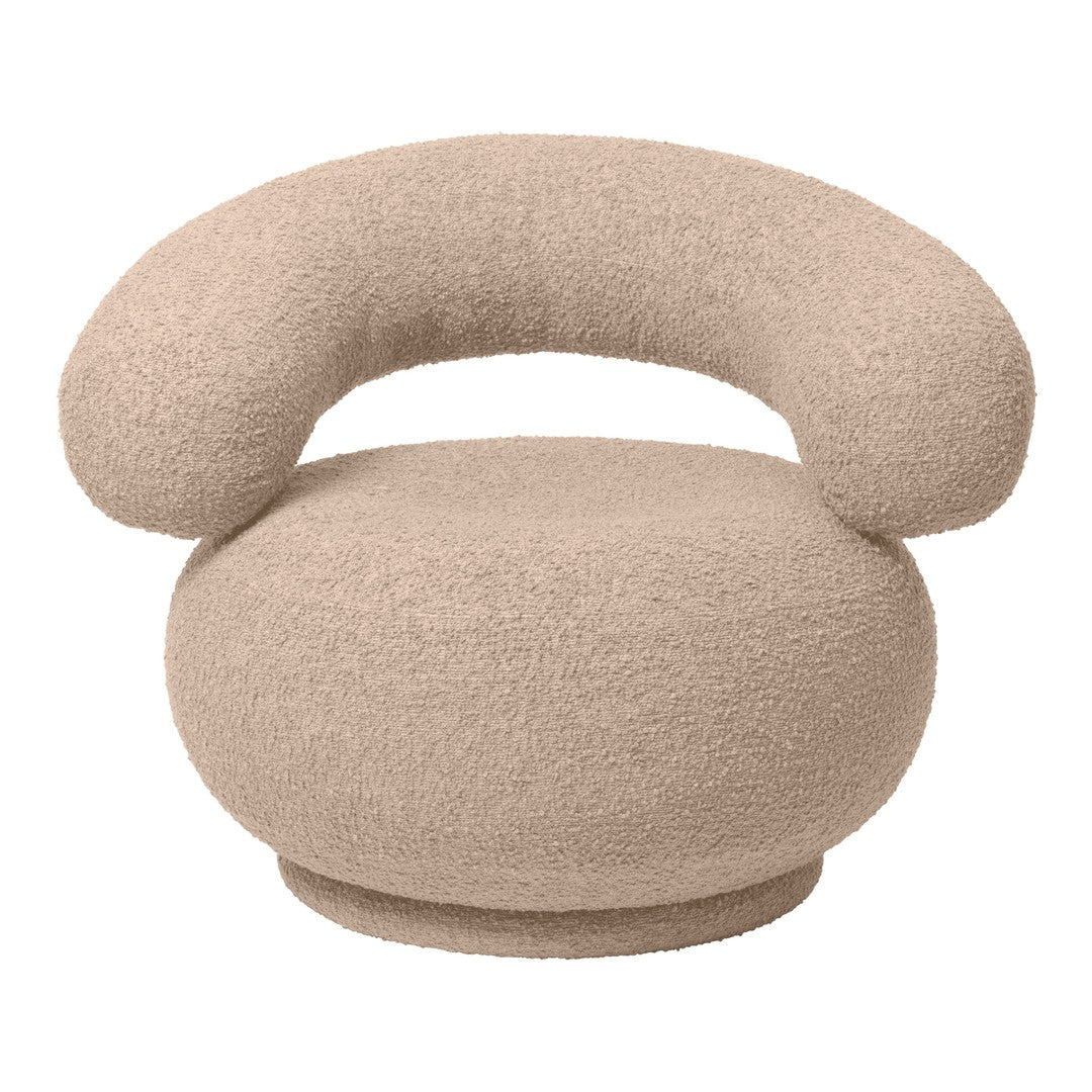 Beige, plush accent chair with rounded shapes and a soft, textured surface, perfect for modern decor.