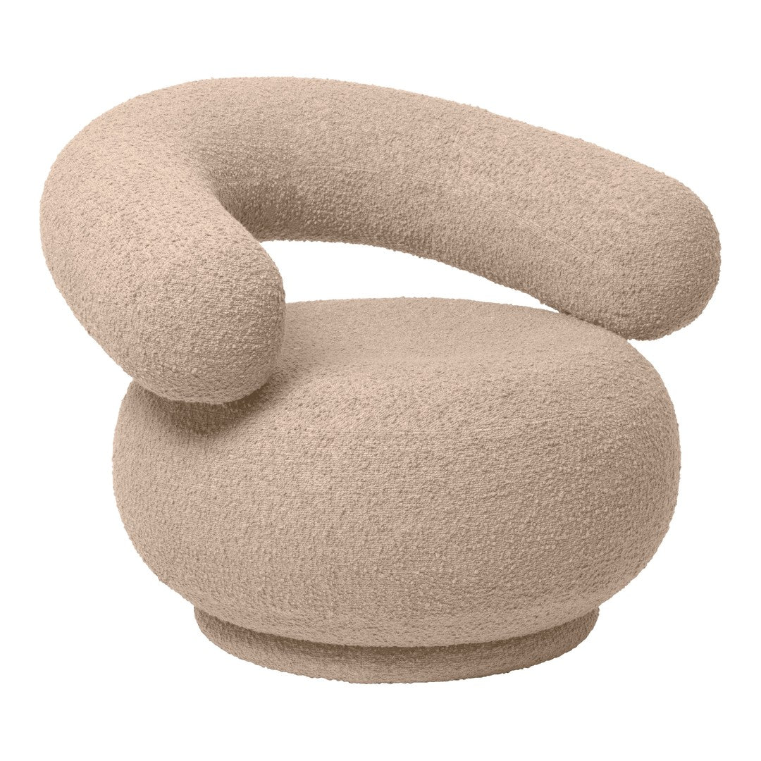 Beige boucle armchair with a curved design and soft, textured fabric, perfect for adding a modern touch to any space.