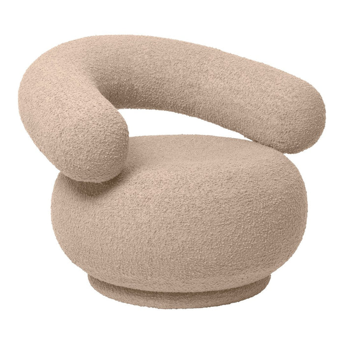 Beige boucle armchair with a curved design and soft, textured fabric, perfect for adding a modern touch to any space.