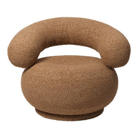 Round brown chair with a textured finish and soft, curved armrest, perfect for modern decor.