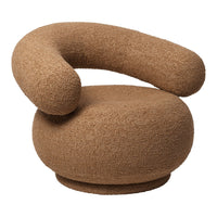Brown boucle swivel chair with a curved, modern design and plush texture, perfect for contemporary interiors.