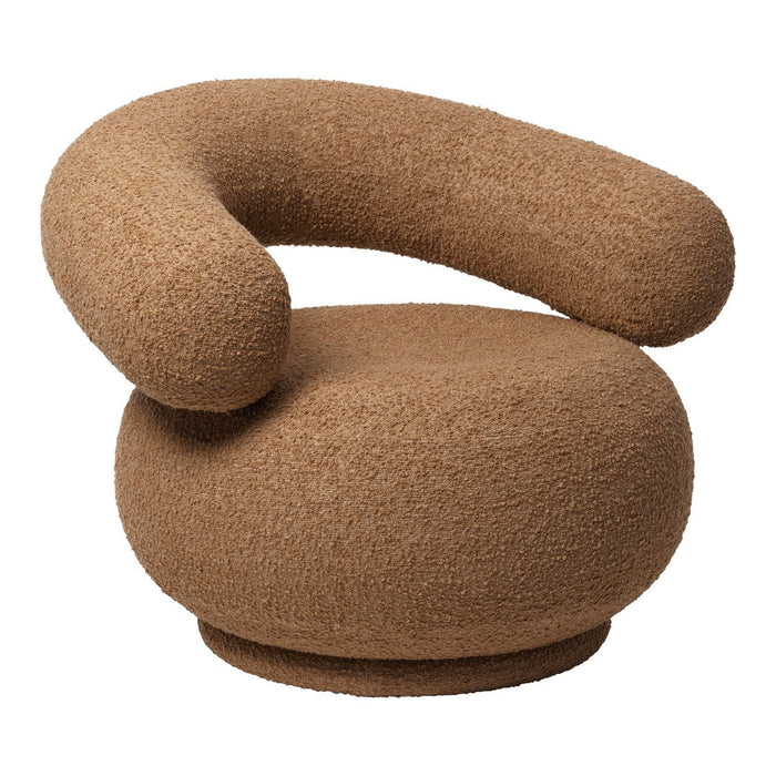 Curved, organic-shaped chair in a warm brown color with a textured, fuzzy pattern. Ideal for modern interiors.