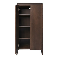 Dark brown wooden cabinet with a smooth finish and no visible patterns, featuring four open shelves.