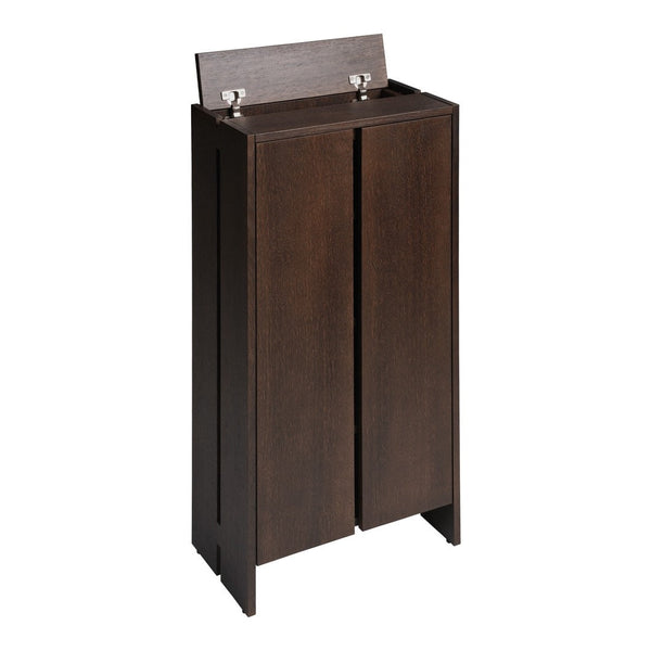 Dark brown wooden laundry hamper with sleek, modern design and subtle grain patterns. Ideal for any décor style.