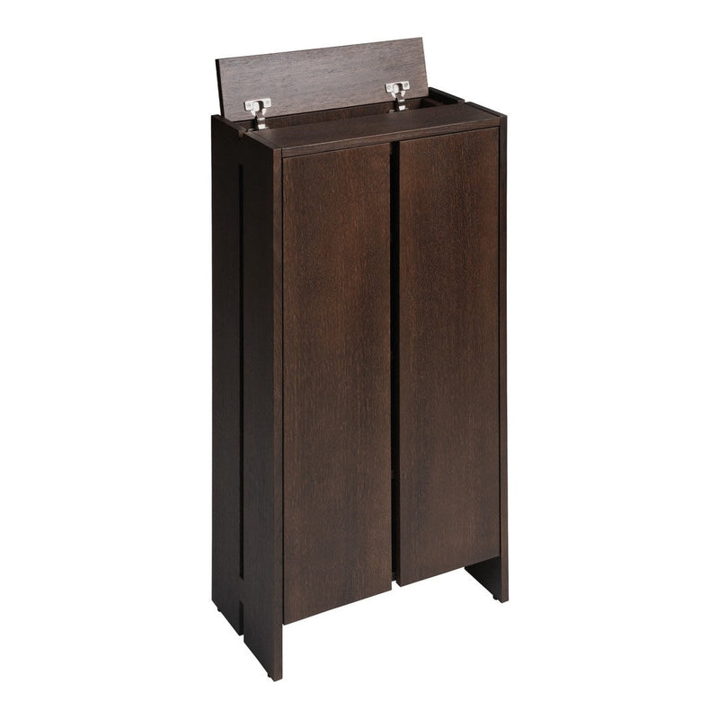 Dark brown wooden laundry hamper with sleek, modern design and subtle grain patterns. Ideal for any décor style.