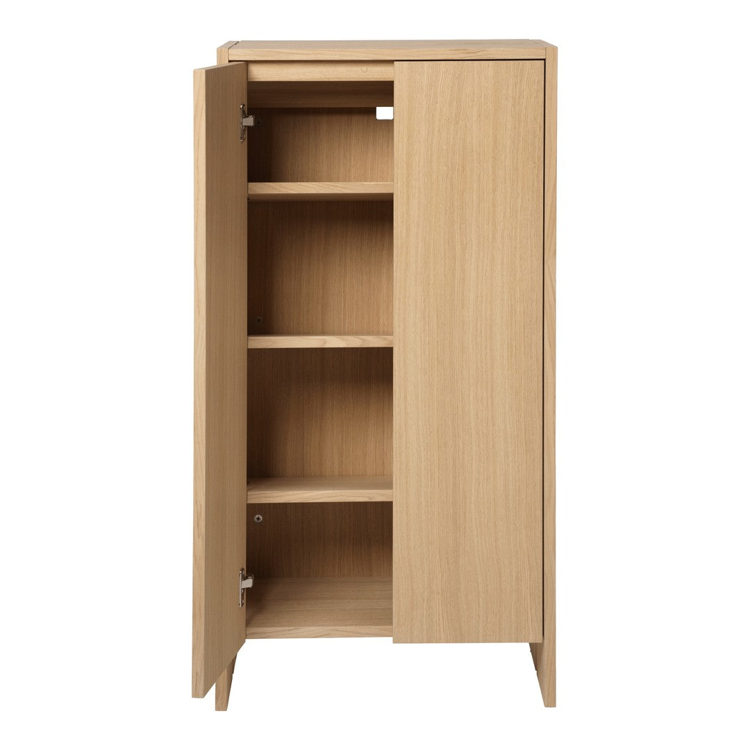 Light oak wood cabinet with a natural finish and smooth, minimalist design. Features four shelves and simple lines.