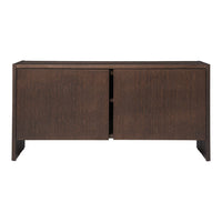 Dark brown wooden sideboard with a sleek, minimalist design and subtle linear texture. Perfect for modern decor.