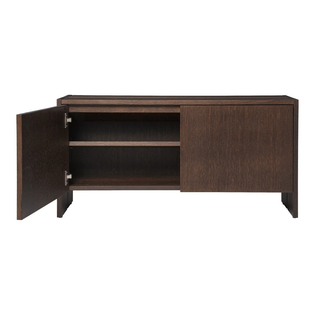 Dark brown wood sideboard with a rich grain pattern and sleek, minimalist design. Open and closed cabinet display.