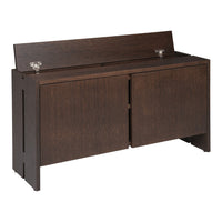 Dark brown wood storage bench with a smooth finish and sleek, minimalist design. Suitable for modern decor.