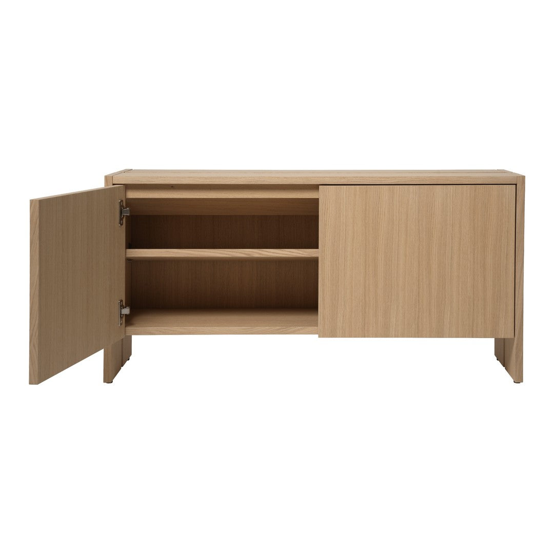 Light wood credenza with a smooth, natural finish and minimalist design featuring two doors and open shelves.