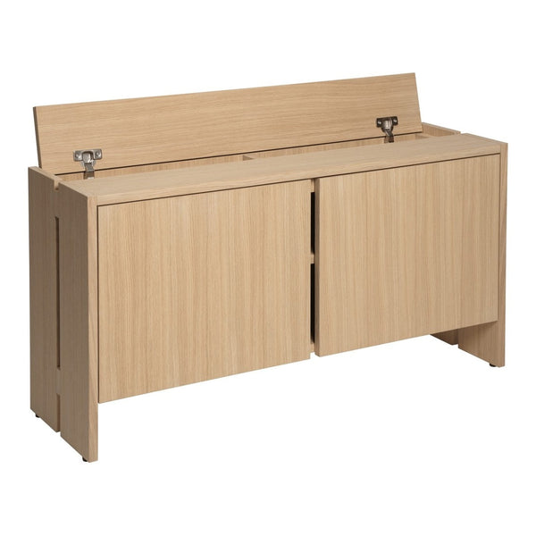 Light oak wood storage cabinet with a sleek, minimalist design and smooth, vertical wood grain pattern.