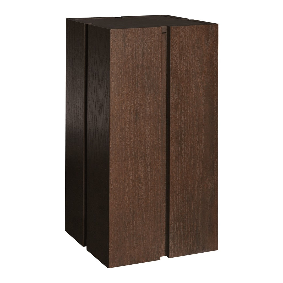 Dark walnut wood cabinet with a smooth, minimalist design and two vertical panel accents. Ideal for modern spaces.